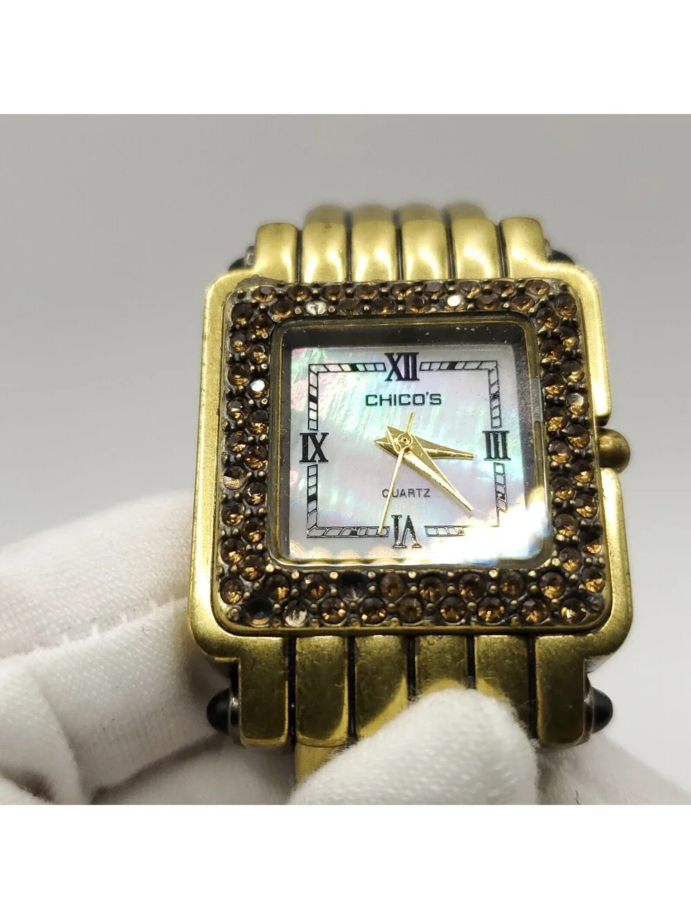 Chico's Cuff Band Gem Bezel Womens Watch 28mm MOP Dial New Battery